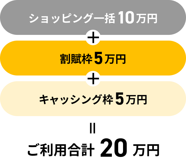 ショッピング一括10万円＋割賦枠5万円＋キャッシング枠5万円＝ご利用合計20万円