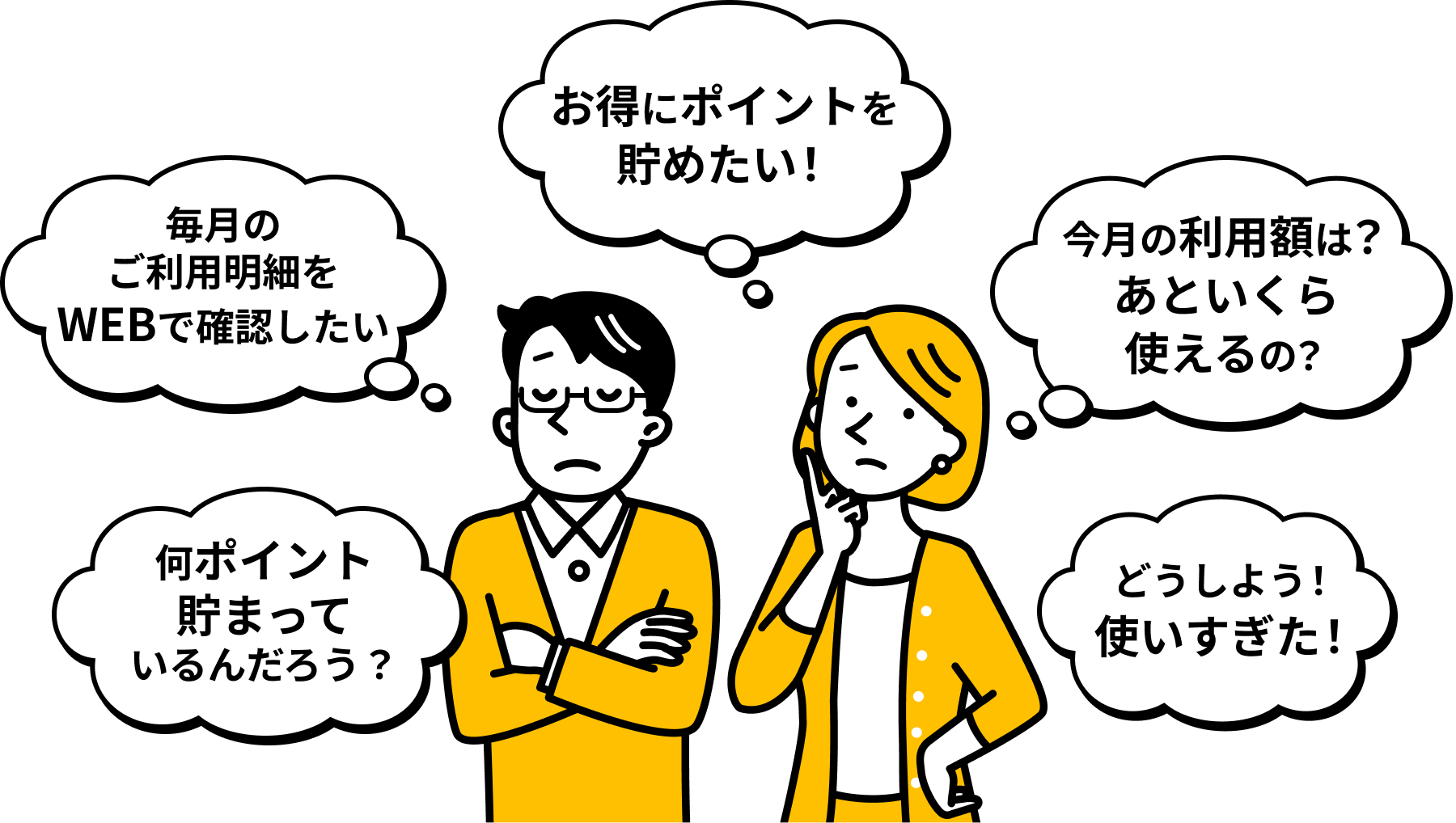 「お得にポイントを貯めたい！」「もっと手軽にキャンペーンに登録したい」「毎月のご利用明細書の郵送を止めたい」「今月の利用額は？あといくら使えるの？」「そろそろポイントが貯まったかも…」「どうしよう！使いすぎた！」と悩む男女のイラスト