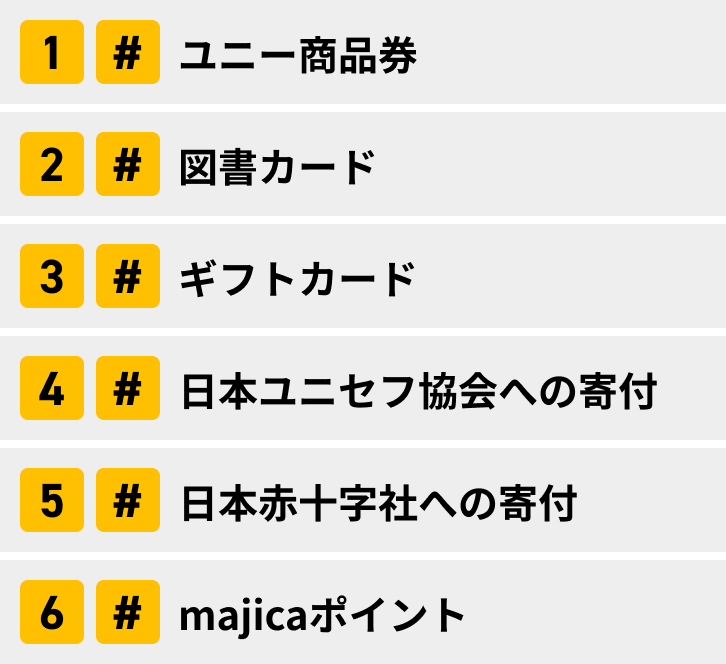 ユニー・ファミリーマートグループ商品券は「1#」　図書カードは「2#」　ギフトカードは「3#」　日本ユニセフ協会への寄付は「4#」　日本赤十字社への寄付は「5#」　ユニコ電子マネーは「6#」
