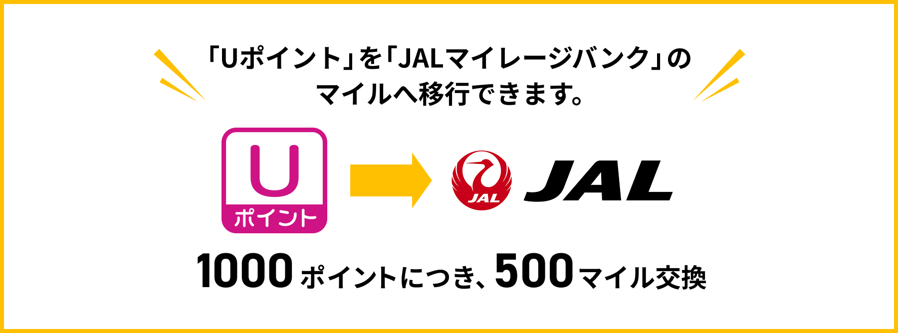 「Uポイント」を「JALマイレージバンク」のマイルへ移行できます。 1000ポイントにつき、500マイル交換