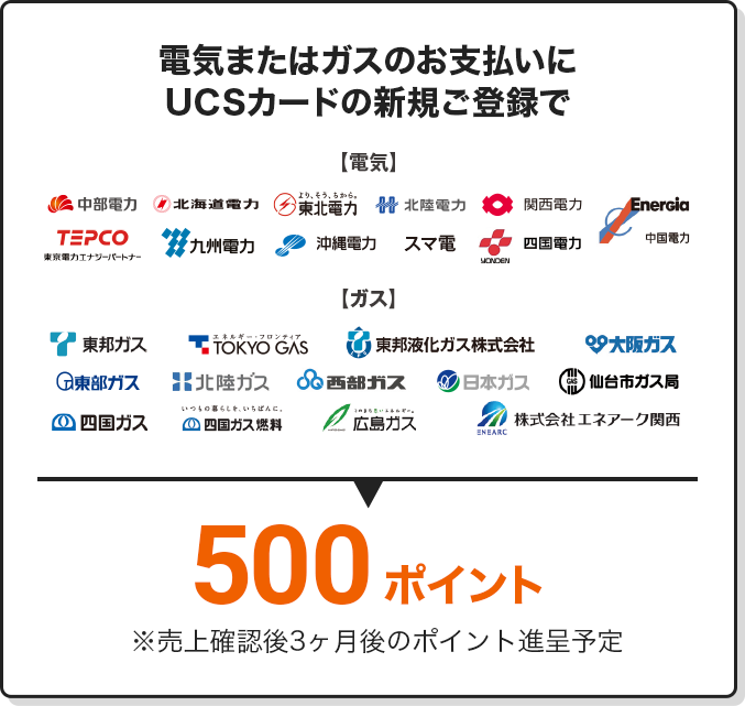 電気またはガスのお支払いにUCSカードの新規ご登録で 500ポイント