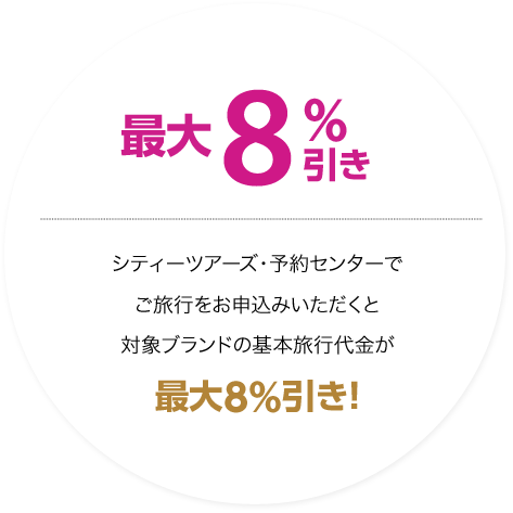 最大8%引き　シティーツアーズ・予約センターでご旅行をお申込みいただくと対象ブランドの基本旅行代金が最大8%引き！