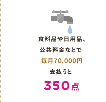 食料品や日用品、 公共料金などで  毎月70,000円 支払うと  350点