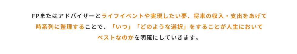 FPまたはアドバイザーとライフイベントや実現したい夢、将来の収入・支出をあげて時系列に整理することで、「いつ」「どのような選択」をすることが人生においてベストなのかを明確にしていきます。