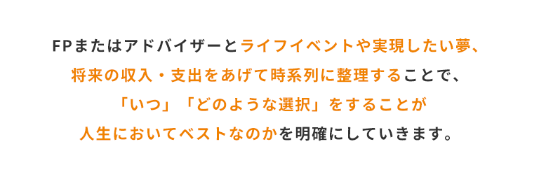 FPまたはアドバイザーとライフイベントや実現したい夢、将来の収入・支出をあげて時系列に整理することで、「いつ」「どのような選択」をすることが人生においてベストなのかを明確にしていきます。