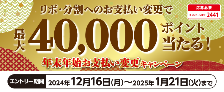 期間中、キャンペーンにご応募のうえ、UCSマークのついたカードで50,000円(税込・合算可)以上を【あとからリボ】、【あとから分割】にお支払い変更された方の中から抽選で105名様にポイントプレゼント!