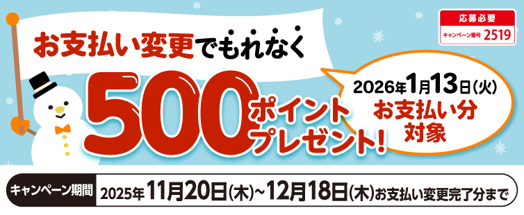 期間中、キャンペーンにご応募のうえ、<u>2026年1月13日お支払い分</u>(ショッピング・キャッシング)から合計5,000円以上を【あとからリボ】・【あとから分割】へお支払い変更された方にもれなく500ポイントプレゼント!