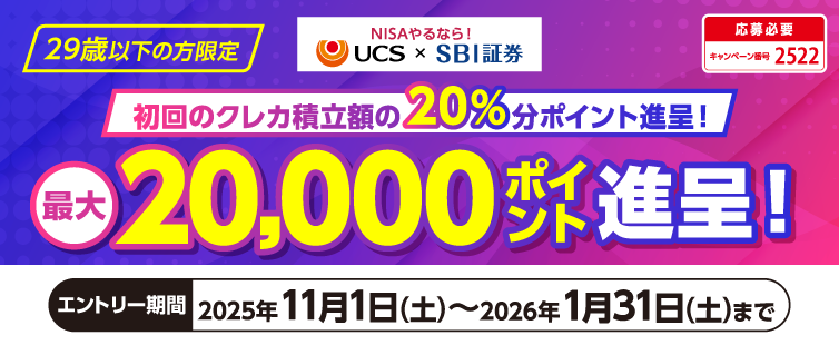 期間中、キャンペーンにご応募のうえ、UCS仲介口座で初めてUCSマークのついたカードでクレカ積立を行うと、初回クレカ積立額に対して20%ポイント進呈!