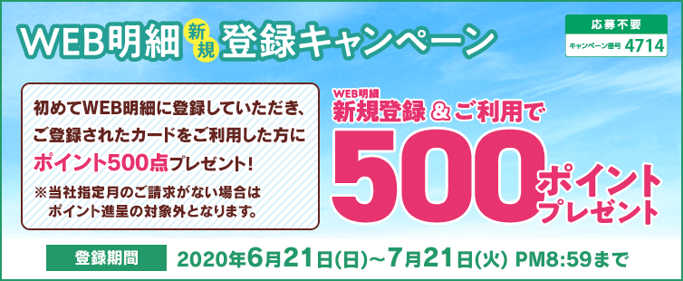 登録期間中に新規WEB明細にご登録いただき、当社指定月のご利用明細書の停止を確認させていただいた方にもれなくポイント500点プレゼント!※当社指定月のご請求がない場合はポイント進呈の対象外となります。
