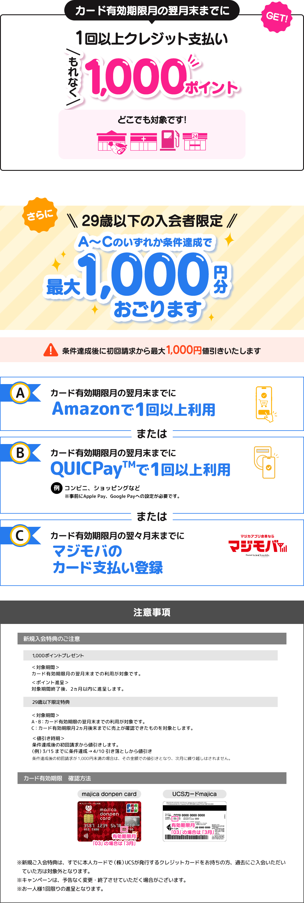 カード有効期限月の翌月末までに1回以上クレジット支払い　もれなく1000ポイント