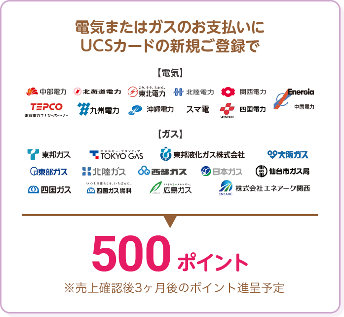 電気またはガスのお支払いにUCSカードの新規ご登録で 500ポイント