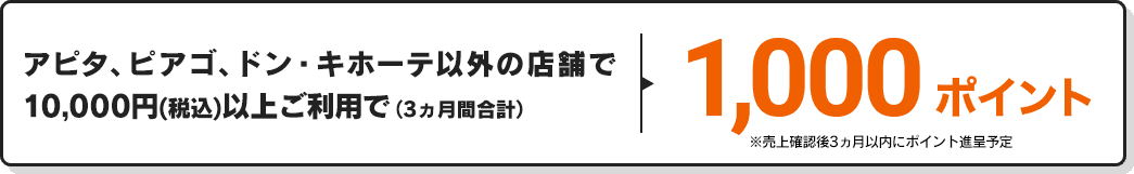 アピタ、ピアゴ、ドン・キホーテ以外の店舗で10,000円(税込)以上のご利用で(3ヵ月間合計)500ポイント