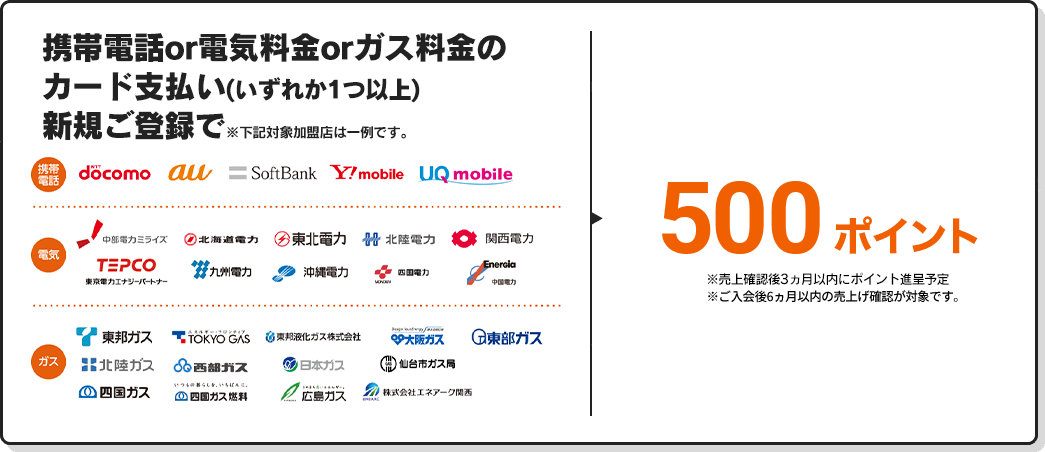 携帯電話or電気料金orガス料金のカード支払い(いずれか1つ以上)新規ご登録で500ポイント
