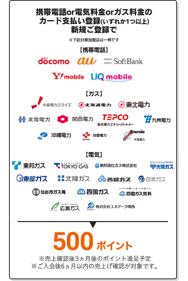 携帯電話or電気料金orガス料金のカード支払い(いずれか1つ以上)新規ご登録で500ポイント