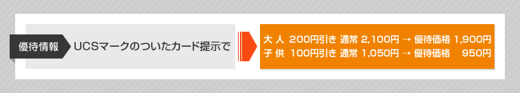 優待情報 UCSカード提示で 大人100円引き 通常2,000円→優待価格1,900円 子供50円引き 通常1,000円→優待価格950円