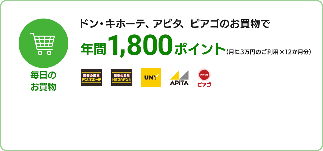 ドン・キホーテ、アピタ、ピアゴのお買い物で年間1,800ポイント